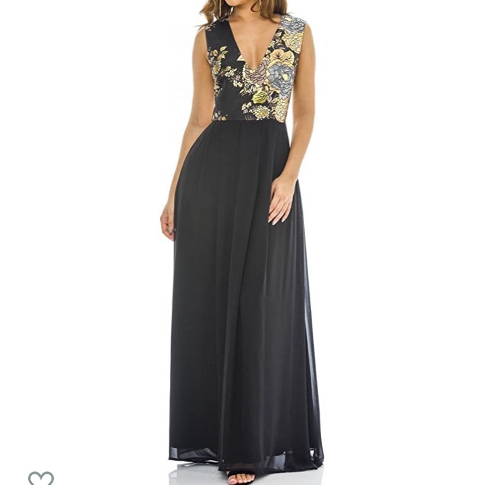 AX Paris Black and Gold Floral V Neck Long Dress